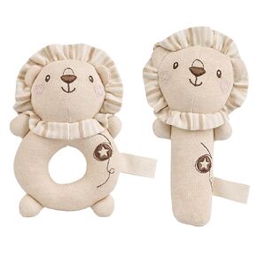 Baby Rattle (2-Pack) - Organic Cotton Sensory Play, Gentle Sound Toy for Newborns, (Lion Design)