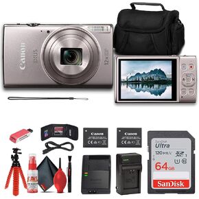 Canon PowerShot IXUS 285 HS 12X Optical Zoom Digital Camera (Silver) + NB11L + 64GB Memory Card + Case + Charger + Card Reader + Flex Tripod + Cleaning Kit + Memory Wallet (Renewed)