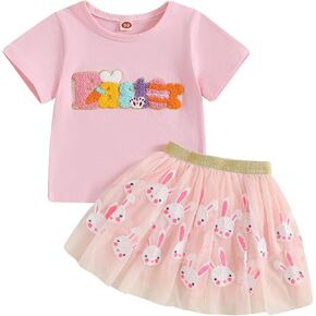 Toddler Baby Girl Easter Outfit Letter Embroidery Short Sleeve T Shirts Bunny Print Tulle Skirt 2Pcs Dress Set