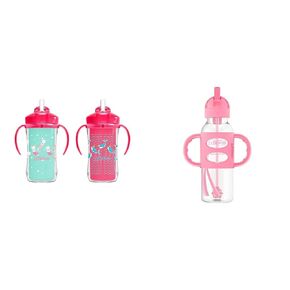 Dr. Brown's Milestones Insulated Sippy Cup with Straw and Handles, Pink, 10oz, 2 Pack, 12m+ & Milestones Narrow Sippy Straw Bottle with 100% Silicone Handles, 8oz/250mL, Pink, 1 Pack, 6m+
