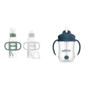 Dr. Brown's Milestones Narrow Sippy Spout Bottle 100% Silicone Handles, Easy-Grip Handles & Baby’s First Straw Cup, Training Cup Weighted Straw, Dark Blue, 6m+