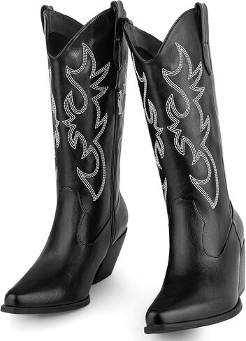 أحذية رعاة البقر النسائية منتصف العجل رعاة البقر المطرزة الغربية مدببة اصبع القدم الكعب مكتنزة على أحذية منتصف العجل in Kuwait