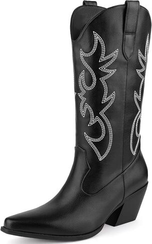 أحذية رعاة البقر النسائية منتصف العجل رعاة البقر المطرزة الغربية مدببة اصبع القدم الكعب مكتنزة على أحذية منتصف العجل in Kuwait