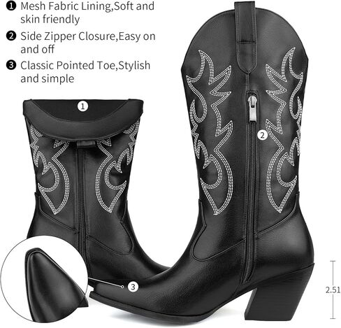 أحذية رعاة البقر النسائية منتصف العجل رعاة البقر المطرزة الغربية مدببة اصبع القدم الكعب مكتنزة على أحذية منتصف العجل in Kuwait