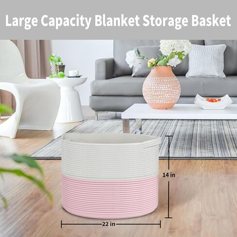 Blanket Storage Basket Large, Cotton Rope Storage Basket 22''x 22 ''x 14'' Big Woven Blanket Bin with Handle, Basket for Blankets Laundry Pillow Basket for Living Room (Pink) in Kuwait