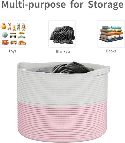 Blanket Storage Basket Large, Cotton Rope Storage Basket 22''x 22 ''x 14'' Big Woven Blanket Bin with Handle, Basket for Blankets Laundry Pillow Basket for Living Room (Pink) in Kuwait