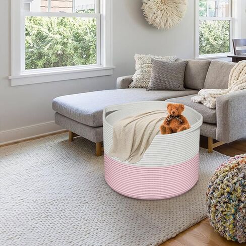 Blanket Storage Basket Large, Cotton Rope Storage Basket 22''x 22 ''x 14'' Big Woven Blanket Bin with Handle, Basket for Blankets Laundry Pillow Basket for Living Room (Pink) in Kuwait