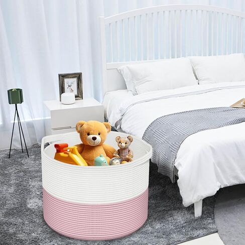 Blanket Storage Basket Large, Cotton Rope Storage Basket 22''x 22 ''x 14'' Big Woven Blanket Bin with Handle, Basket for Blankets Laundry Pillow Basket for Living Room (Pink) in Kuwait