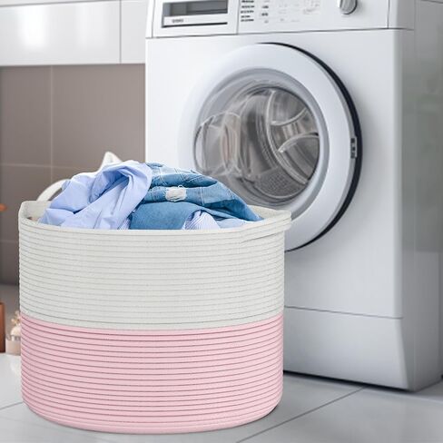 Blanket Storage Basket Large, Cotton Rope Storage Basket 22''x 22 ''x 14'' Big Woven Blanket Bin with Handle, Basket for Blankets Laundry Pillow Basket for Living Room (Pink) in Kuwait