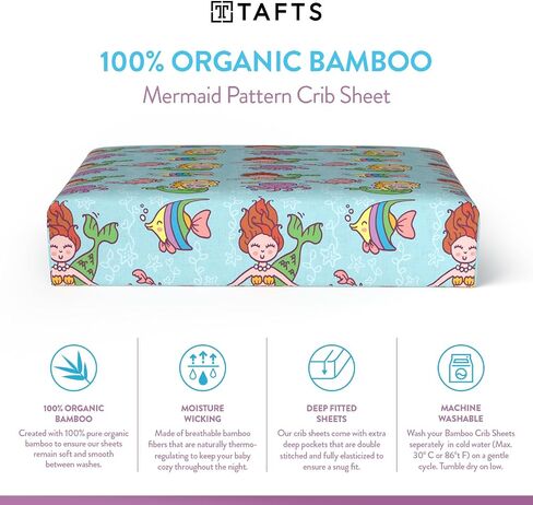Tafts 100% Viscose Fitted Crib Sheets, Girls, Boys & Unisex, 8 Inch Deep Pocket, Standard Crib & Toddler Mattress, Cooling, Soft, 360 Elastic, Lifetime Quality (28 x 52 Mermaid) in Saudi Arabia