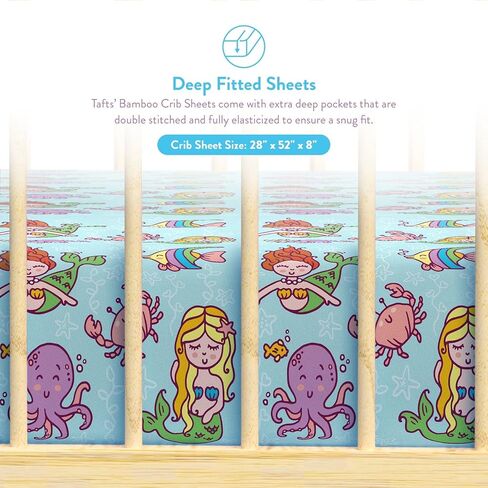 Tafts 100% Viscose Fitted Crib Sheets, Girls, Boys & Unisex, 8 Inch Deep Pocket, Standard Crib & Toddler Mattress, Cooling, Soft, 360 Elastic, Lifetime Quality (28 x 52 Mermaid) in Saudi Arabia