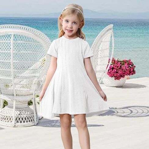 Neutocd Toddler Baby Girl Dress Short Sleeve A Line Ribbed Knit Skater Twirl Sundress Casual Cute Summer Dresses for Girls in Saudi Arabia