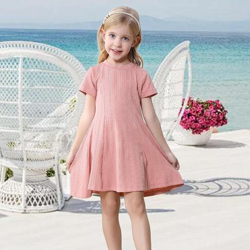 Neutocd Toddler Baby Girl Dress Short Sleeve A Line Ribbed Knit Skater Twirl Sundress Casual Cute Summer Dresses for Girls in Saudi Arabia