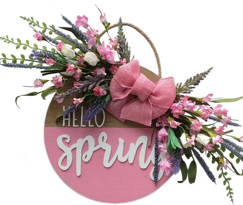 Idyllic Hello Sping Sign Wreath for Front Door, Artificial Flower Wreath with Hello Spring Wooden Sign for Farmhouse Wall Wedding Decor Window Front Porch Decor in Saudi Arabia