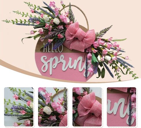 Idyllic Hello Sping Sign Wreath for Front Door, Artificial Flower Wreath with Hello Spring Wooden Sign for Farmhouse Wall Wedding Decor Window Front Porch Decor in Saudi Arabia
