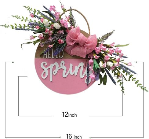 Idyllic Hello Sping Sign Wreath for Front Door, Artificial Flower Wreath with Hello Spring Wooden Sign for Farmhouse Wall Wedding Decor Window Front Porch Decor in Saudi Arabia