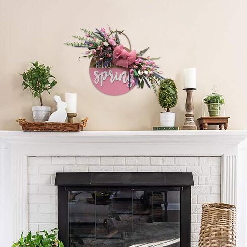 Idyllic Hello Sping Sign Wreath for Front Door, Artificial Flower Wreath with Hello Spring Wooden Sign for Farmhouse Wall Wedding Decor Window Front Porch Decor in Saudi Arabia