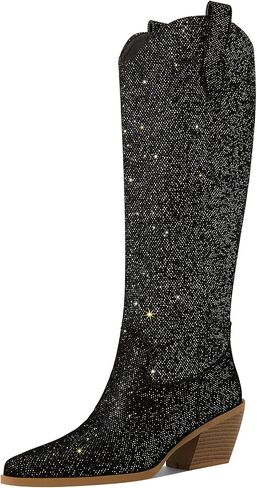 Sparkly Cowboy Boots for Women Pointed Toe Knee High Chunky Heel Western Cowgirl Dress Boots for Wedding Party Side Zipper Pull Tab in Saudi Arabia