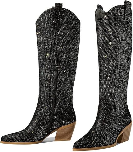 Sparkly Cowboy Boots for Women Pointed Toe Knee High Chunky Heel Western Cowgirl Dress Boots for Wedding Party Side Zipper Pull Tab in Saudi Arabia