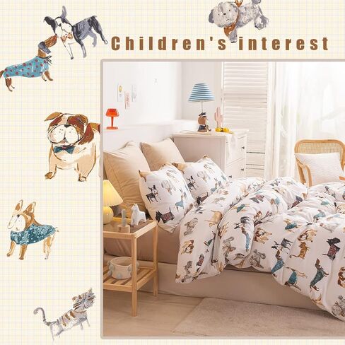 غلاف لحاف Ivellow twin for Kids Cartoon 100 ٪ Cotton Kids 'Cover Cover Sets Dog Animal Devel Cover Cover Ultra Soft Breatable Cute Bedder Bedding Set Zipper Closure Boys Girls Teens in Kuwait