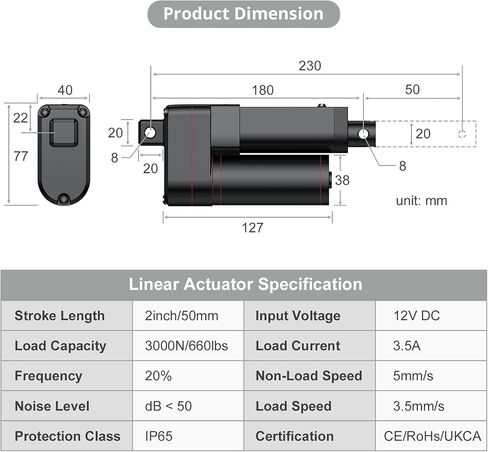 Justech 200mm 8 "محرك المحرك الخطي الثقيلة 3000N 660lbs تيار مستمر 12 فولت مع تصاعد بين قوسين للسيارات السيارات RV فتحت باب كهربائي الآلات الزراعية الصناعية السفن البضائع نافذة طبية-أسود in Saudi Arabia