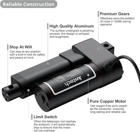 Justech 200mm 8 "محرك المحرك الخطي الثقيلة 3000N 660lbs تيار مستمر 12 فولت مع تصاعد بين قوسين للسيارات السيارات RV فتحت باب كهربائي الآلات الزراعية الصناعية السفن البضائع نافذة طبية-أسود in Saudi Arabia