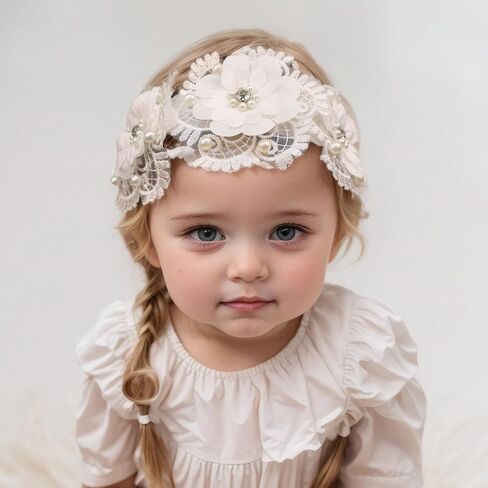 Baby Girls Lace Headband Handmade Flower Hair Band Infants Head Wrap Soft Elastic Pearl Floral Hairband for Newborn Toddler Kids Hair Accessories (White D, Adjustable) in Kuwait
