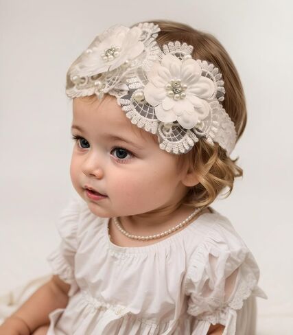 Baby Girls Lace Headband Handmade Flower Hair Band Infants Head Wrap Soft Elastic Pearl Floral Hairband for Newborn Toddler Kids Hair Accessories (White D, Adjustable) in Kuwait
