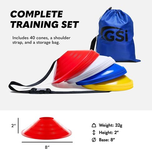 GSi Regular Soccer Cones - 40 Pack | 7Inch Diameter Cones in 4 Colors | Comes with Shoulder Strap | for Agility Training Drills in Saudi Arabia