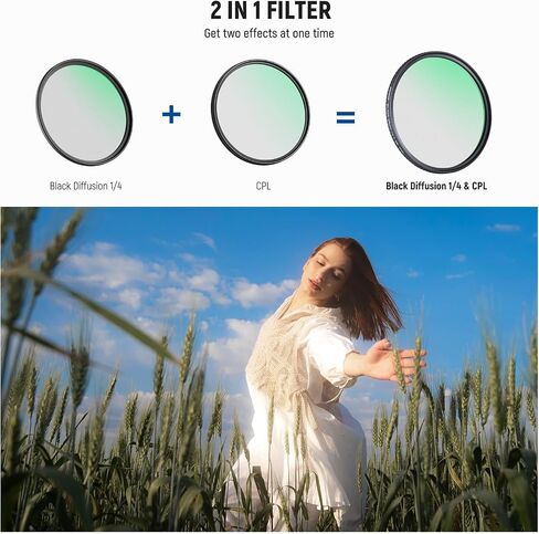 Neewer 2 in 1 CPL + Diffusion Black 1/4 مرشح ، استقطاب دائري تقليل الوهج السينمائي ناعم الحالم كاميرا مرشح تأثير العدسة مع إطار الألومنيوم النحيف والزجاج البصري متعدد الأطوار ، 72 ملم in Kuwait