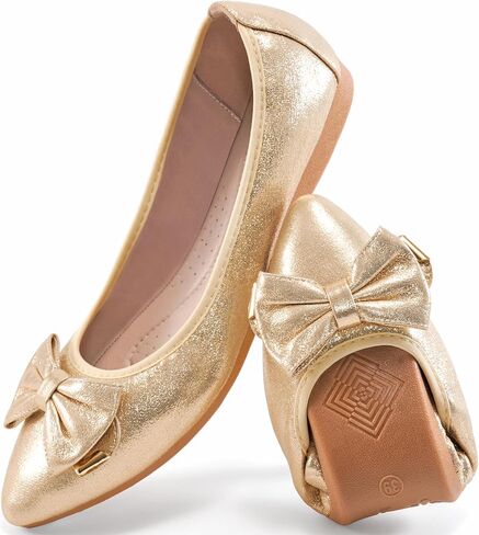 Fudynmalc Womens Ballet Flats Shoes: قابلة للطي زفاف راقصة باليرينا أحذية القوس البراقة الموجهة in Kuwait