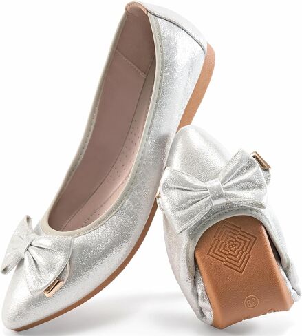 Fudynmalc Womens Ballet Flats Shoes: قابلة للطي زفاف راقصة باليرينا أحذية القوس البراقة الموجهة in Kuwait