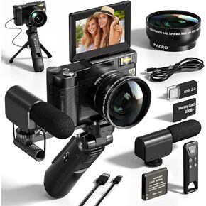 48MP Digital Cameras for Photography, 4K Video/Vlogging Camera for Vloggers, Autofocus Flip Screen Cameras for Photography,Tripod Grip, Wide-Angle & Macro Lens, Mic, Batteries（NBD-V01