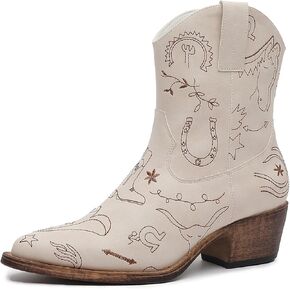 GLOBALWIN Women's Mid Calf Western Cowboy Boots Premium Cowgirl Boots for Women with Floral Embroidery Side Zipper Chunky Heel