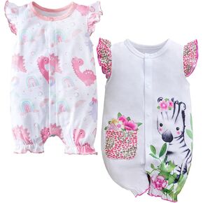 2-Pack Baby Girls Romper Newborn Giraffe Print Ruffles Sleeve Onesie Infant Summer Clothes
