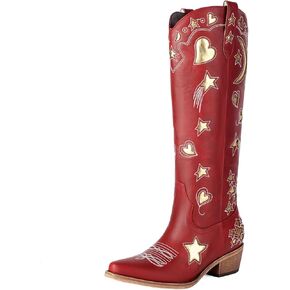 Western Cowboy Boots for Women Knee High, Stars Moon Heart Patterns Low Heel