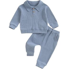 Toddler Baby Boy Fall Clothes 2 Piece Waffle Knit Outfit Solid Long Sleeve Button Front Pullover Top And Pants Set