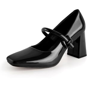 Women's Mary Jane Closed Square Toe Shoes Chunky Block Pump Leather Buckle Strap for Dress Patent Comfort Dress Work
