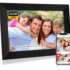 FRAMEO Digital Picture Frame - 10.1 Inch Large 32GB Memo with HD IPS Touch Screen | Weather Temperature Forecast | Time Clock | Slideshow | Share Photos/Videos from WiFi Phone (White)