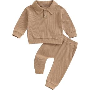 Toddler Baby Boy Fall Clothes 2 Piece Waffle Knit Outfit Solid Long Sleeve Button Front Pullover Top And Pants Set in Kuwait