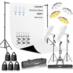 EMART 6.5x10ft Photography Backdrop Kit with 105W 5500K Daylight Umbrella Continuous Lighting Set, Black/White 2-in-1 Backgrounds for Photo Studio Product, Photoshoot, Portrait Shoot