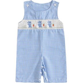 Toddler Baby Boy Plaid Easter Outfit Bunny Carrot Embroidery Sleeveless Tank Romper Overalls Infant Summer Shortalls