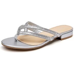 ALLOT Women's Rhinestone Flip Flops Fashion T-strap Flat Sandals Cross Straps Dressy Summer Slip On Open Toe Slides