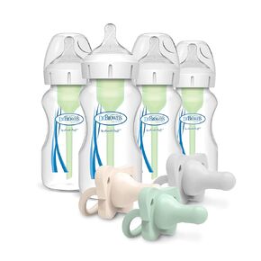 Dr. Brown’s Natural Flow® Anti-Colic Options+™ Wide-Neck Baby Bottle, 9 oz/270, Level 1 Nipple, 4-Pack, 0m+ with HappyPaci 100% Silicone Pacifier 0-6m, BPA Free, Cool Gray, Green, Ecru, 3 Pack