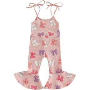 Toddler Baby Girl Outfit Bow Print Waffle Knit Jumpsuit Tie-up Sleeveless Overalls One Piece Summer Romper