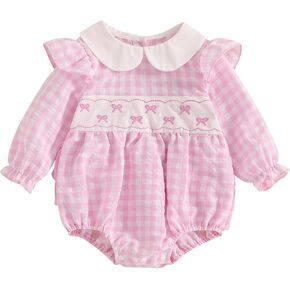 Infant Baby Girl Spring Outfit Bow Embroidery Romper Ruffle Long Sleeve Playsuit Spring Fall Clothes Infant 0-24M