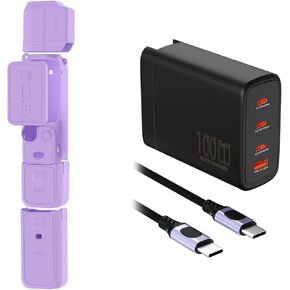Pocket 3 Silicone Cover & 100w Battery Charger Bundle, Protective Case Lens Scratch-Resistant Sleeve Skin Compatible with DJI OSMO Pocket 3 Creator and 4 - Port Charger for iPhone, for MacBook(Purple)