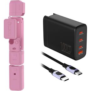 Pocket 3 Silicone Cover & 100w Battery Charger Bundle, Protective Case Lens Scratch-Resistant Sleeve Skin Compatible with DJI OSMO Pocket 3 Creator and 4 - Port Charger for iPhone, for MacBook(Red)