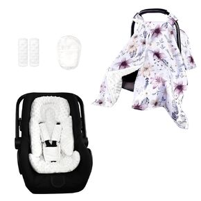Baby Car Seat Cover, Peekaboo Opening Winter Car Seat Canopy for Baby Girls Boys, Infant Car Seat Insert Boy Girl, 3 in 1 Newborn Carseat Insert with Strap Pads, White and Purple Watercolor Flower