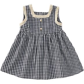 Girls Plaid Gingham Sleeveless A Line Dress Square Neck Lace Trim Dresses